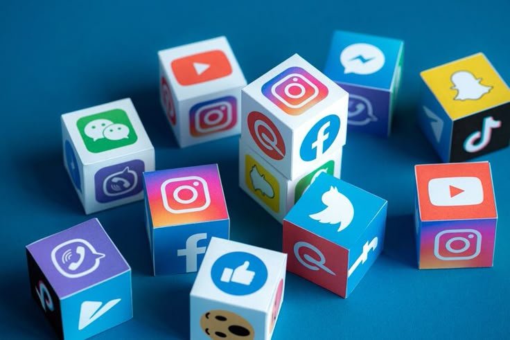 An illustration depicting various social media platforms like Facebook, Instagram, Twitter, and LinkedIn with icons representing content sharing, engagement, and brand building for business marketing.